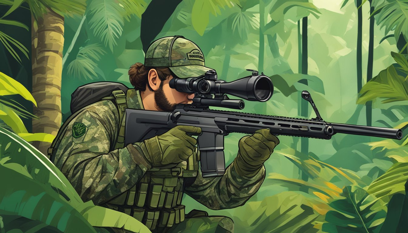 A hunter in camouflage gear aiming at a wild boar in the lush Puerto Rican rainforest, with Seaborn Charters LLC logo visible on their equipment