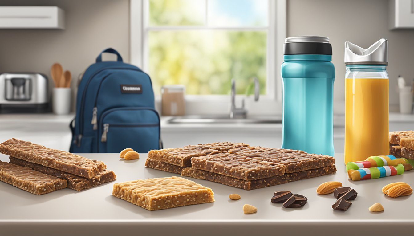 A variety of energy bars arranged on a kitchen counter, with a backpack and water bottle in the background