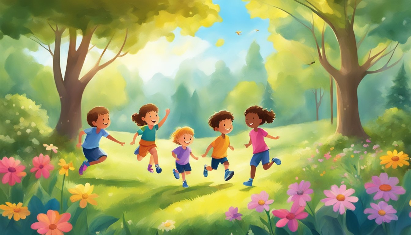 Children playing outside, surrounded by nature and sunshine. A sense of joy and freedom radiates from their laughter and movement