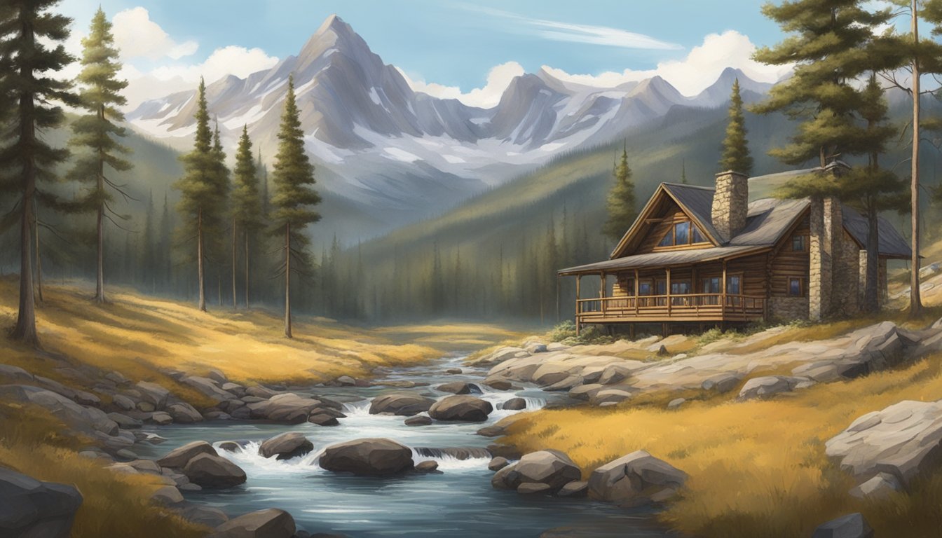 A rugged landscape with mountains, pine forests, and a clear stream. A hunting lodge sits nestled among the trees, with hunting gear and rifles laid out