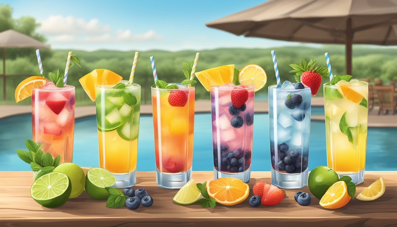 A rustic wooden table adorned with six colorful and refreshing non-alcoholic mocktails, each garnished with fresh fruits and herbs, set against the backdrop of a Texas landscape