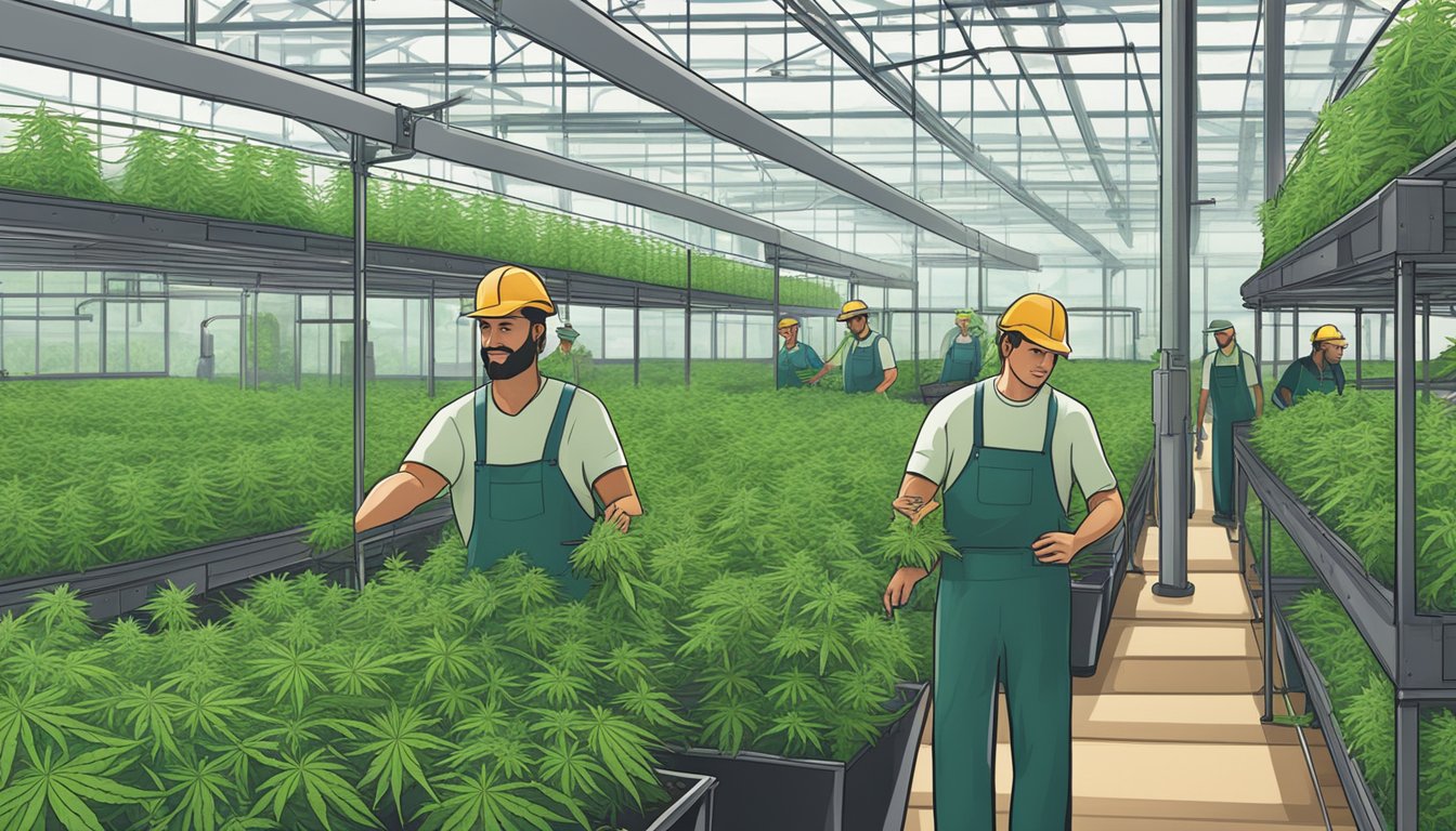 A lush cannabis farm in Colorado with workers tending to the plants and processing facilities in the background