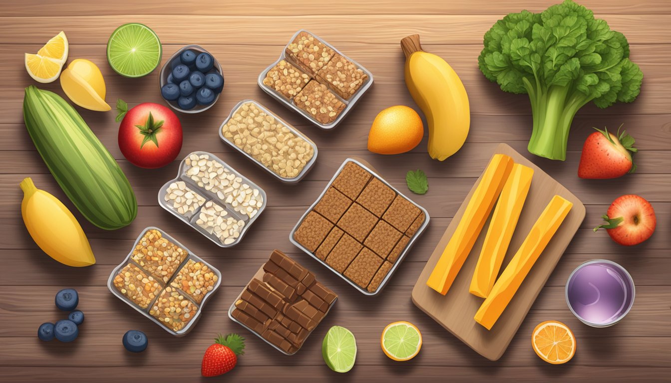 A variety of energy bars arranged on a wooden table, surrounded by fresh fruits and vegetables, with a glass of water nearby