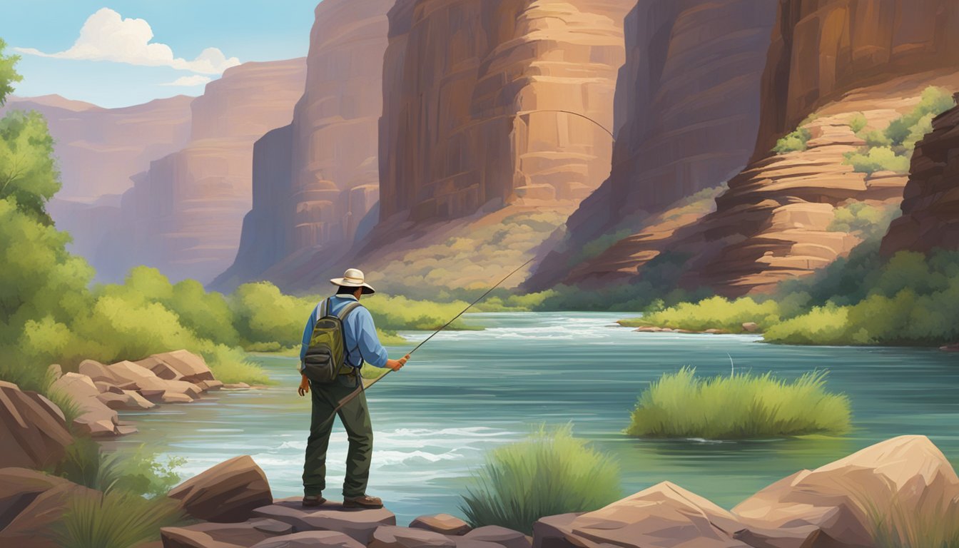 A fisherman standing on the banks of the Colorado River, surrounded by lush greenery and rocky cliffs, casting his line into the clear, rushing water