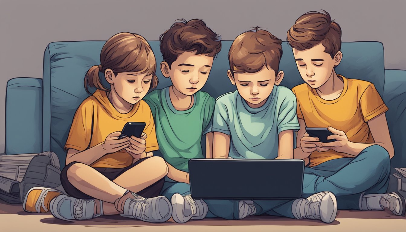 A group of children huddled around electronic devices, with worried expressions as they engage in risky online behaviors