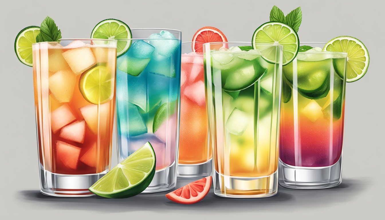 A table set with six colorful and refreshing non-alcoholic mocktails, each garnished with Texas-style flavors like lime, jalapeño, and watermelon