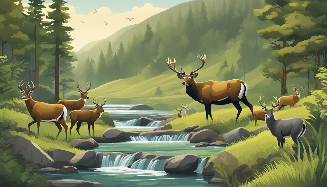 A lush forest with diverse wildlife, rolling hills, and a clear stream. A sign displays hunting regulations