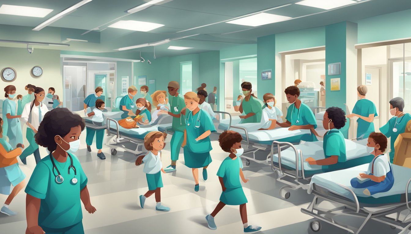 A hospital emergency room filled with sick children and medical staff rushing to provide care