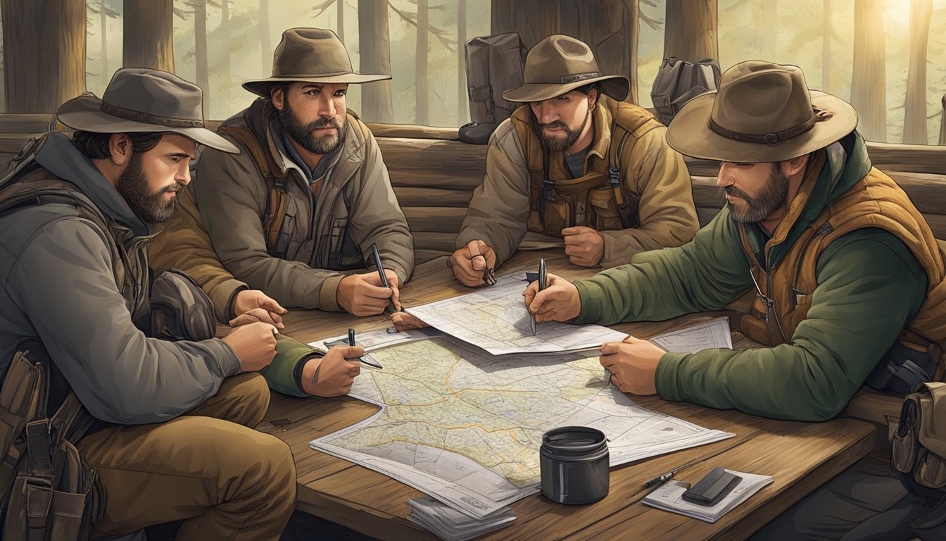 A group of hunters and guides gather around a table, reviewing maps and paperwork, with hunting gear and licenses spread out