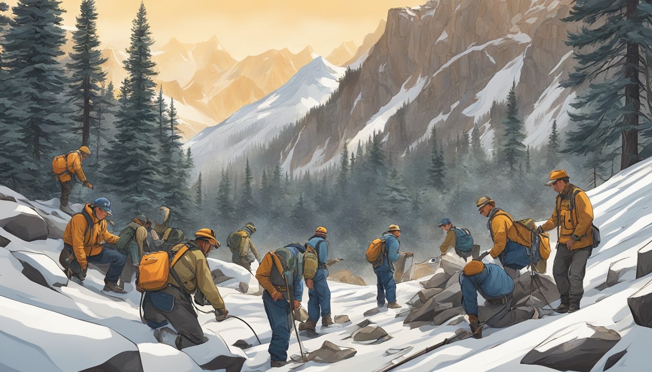 A group of rescuers in the Rocky Mountains processing a game they have just caught in Colorado