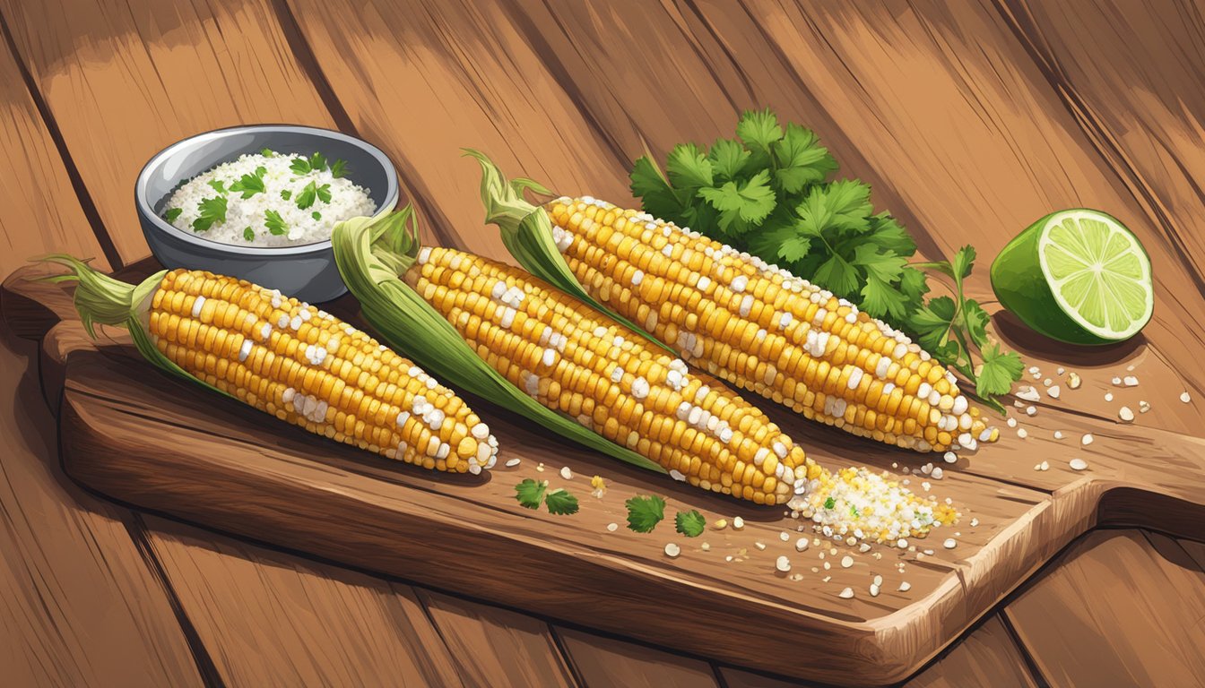 Grilled corn on the cob with crumbled Cotija cheese, chili powder, lime wedges, and cilantro on a rustic wooden board