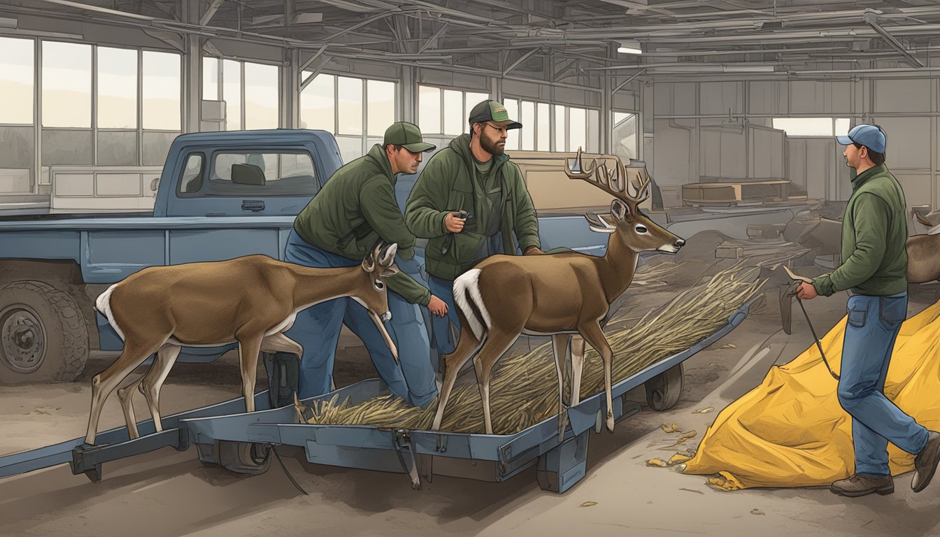 A hunter dropping off a freshly harvested deer at a Colorado game processing facility, with staff unloading the animal and preparing it for processing