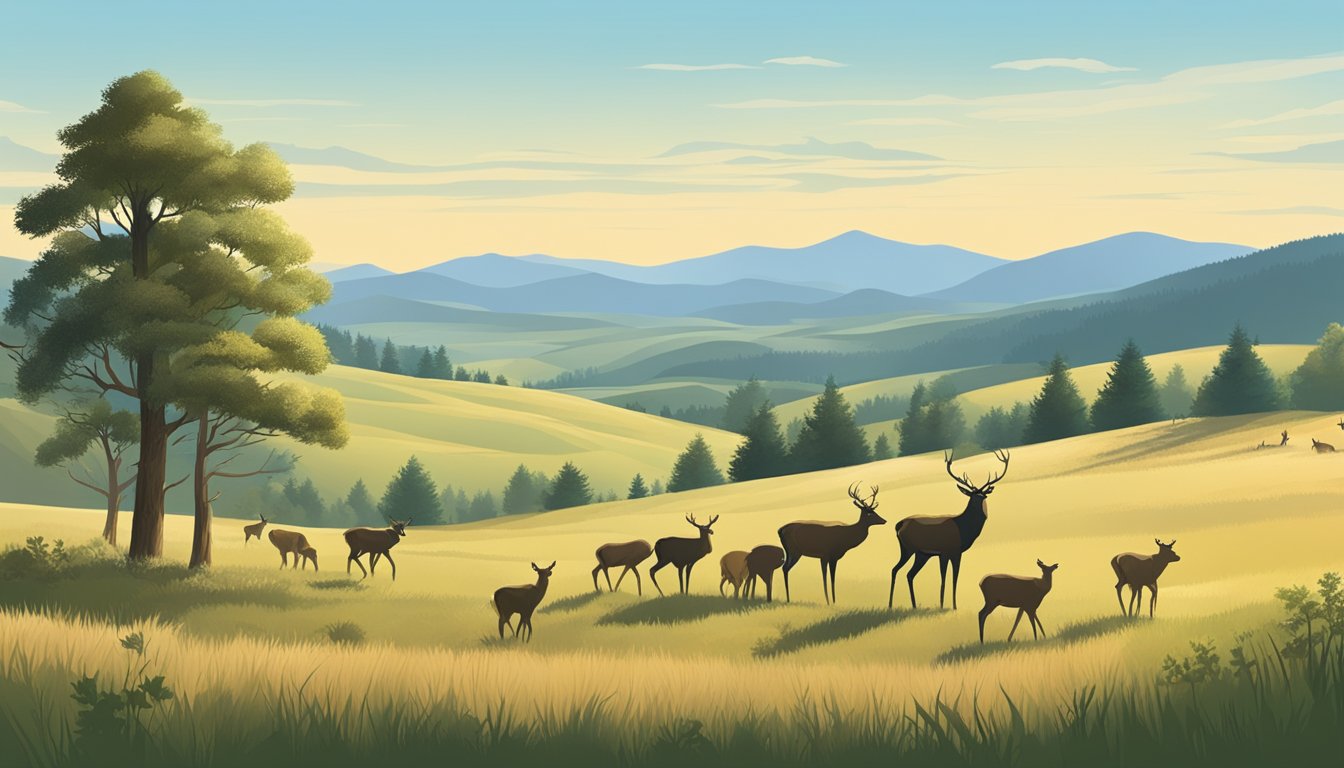 A serene landscape with rolling hills, scattered trees, and a clear blue sky. A group of wildlife, including deer and elk, roam freely in the distance