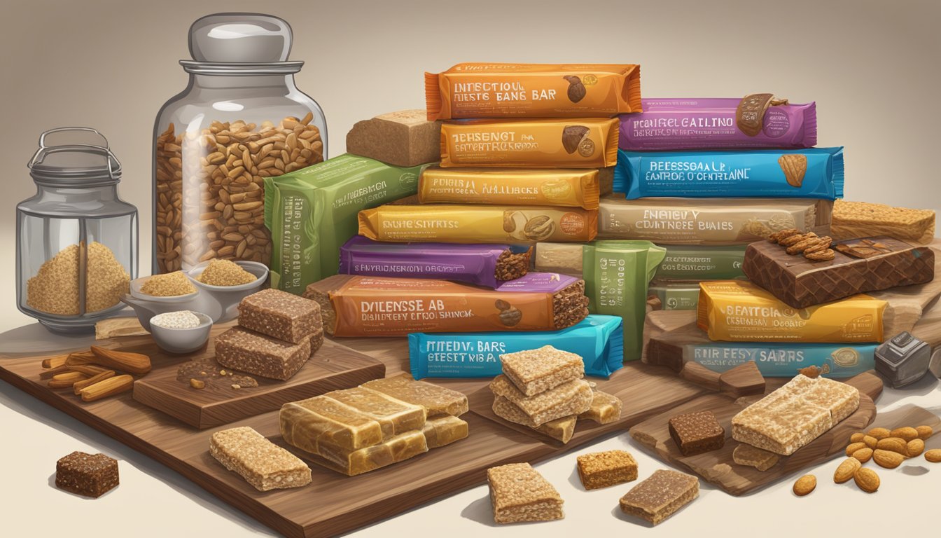 A diverse array of energy bars from different cultures and time periods displayed on a table, surrounded by historical artifacts related to nutrition and fitness