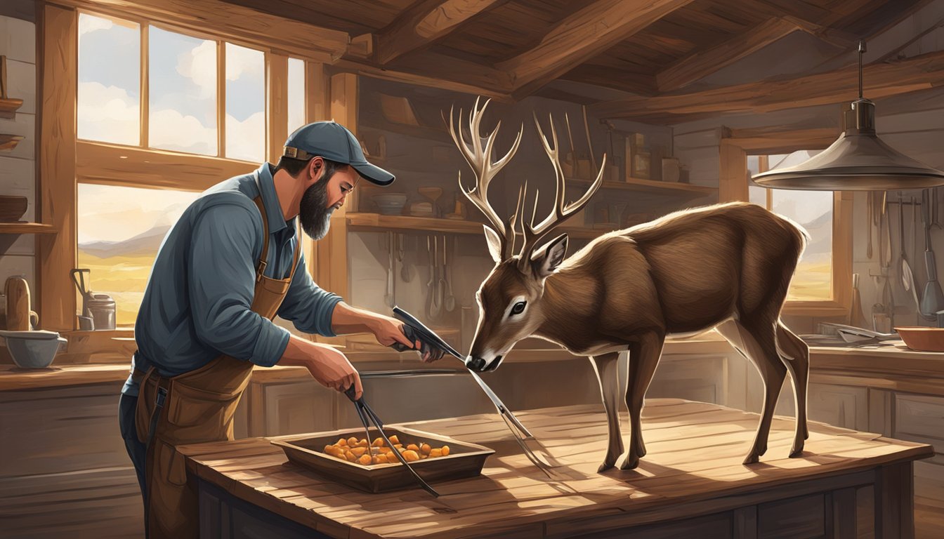 A skilled game processor expertly butchers a freshly caught deer in a rustic Colorado hunting lodge