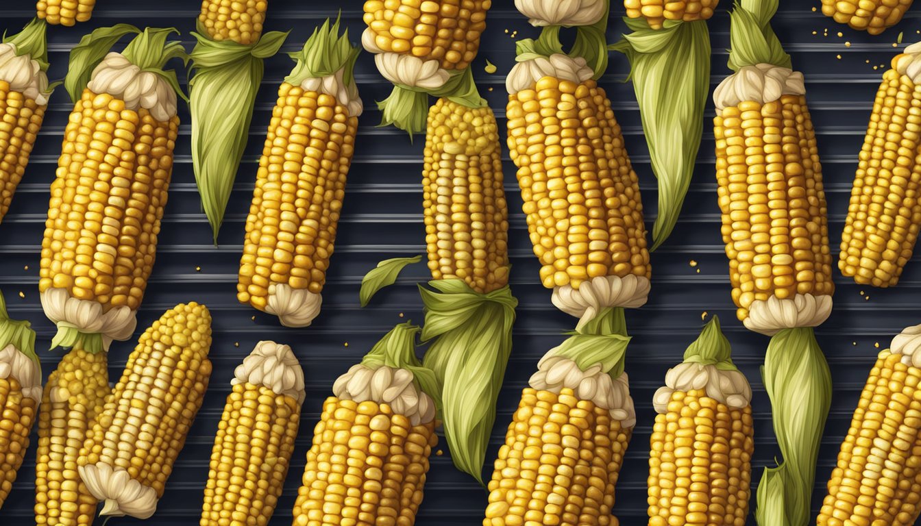 A grill with rows of corn on the cob, each coated in a different blend of spices and seasonings, ready to be cooked over an open flame