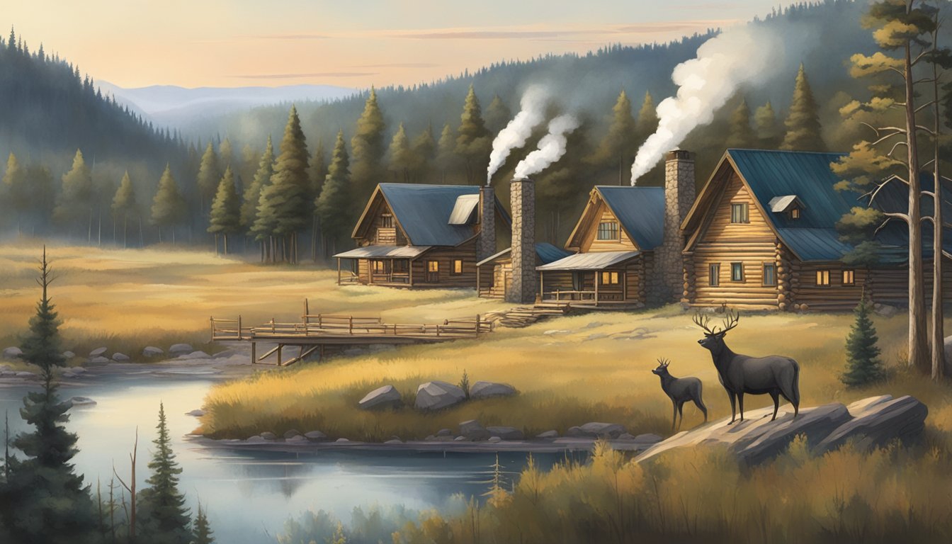 A rustic lodge nestled in the South Dakota wilderness, surrounded by cabins and hunting grounds. Smoke rises from the chimney, and the landscape is dotted with trees and wildlife