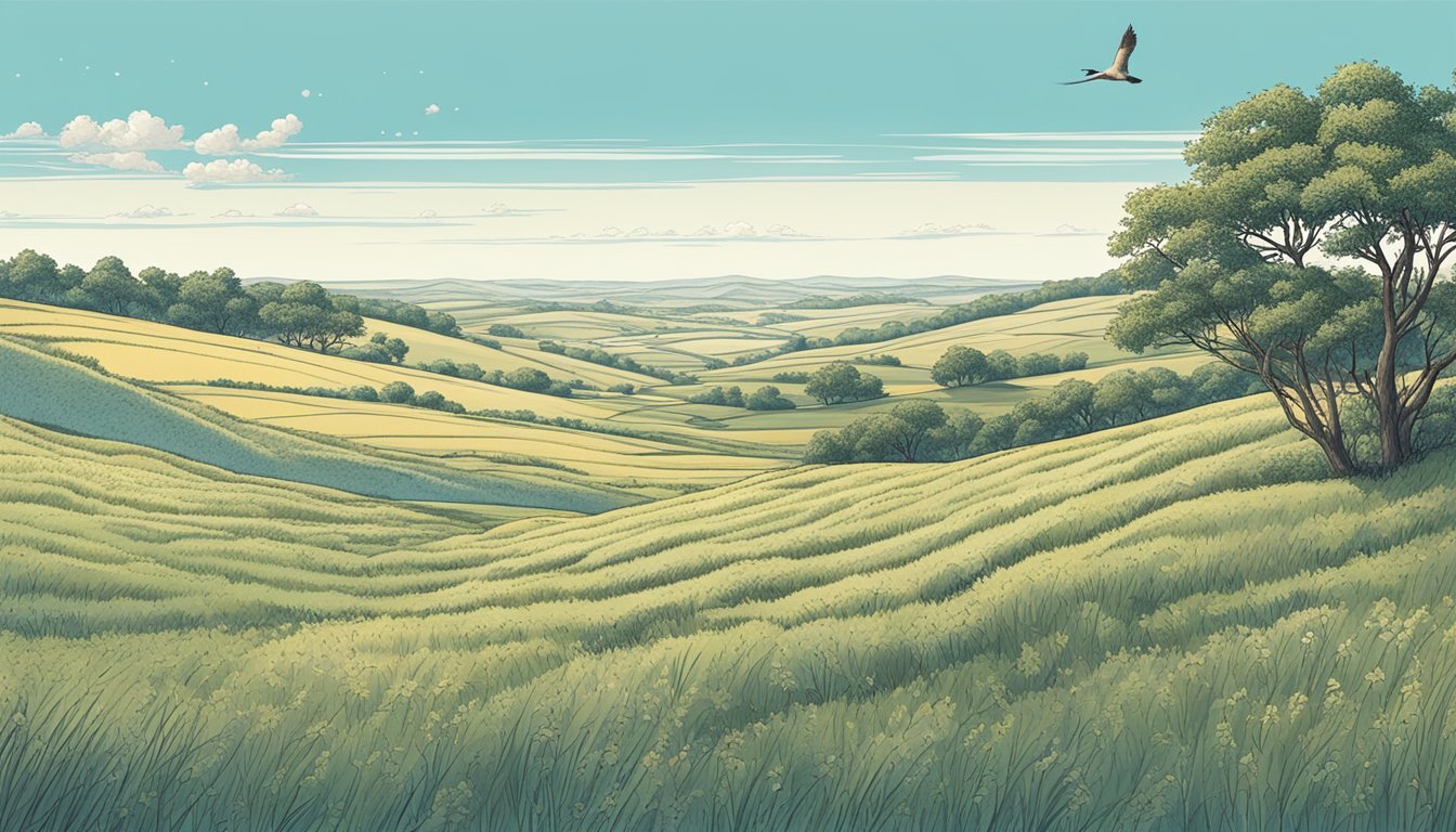 A vast prairie landscape with rolling hills and grassy plains, dotted with trees and brush. A clear blue sky stretches overhead, with the occasional bird in flight