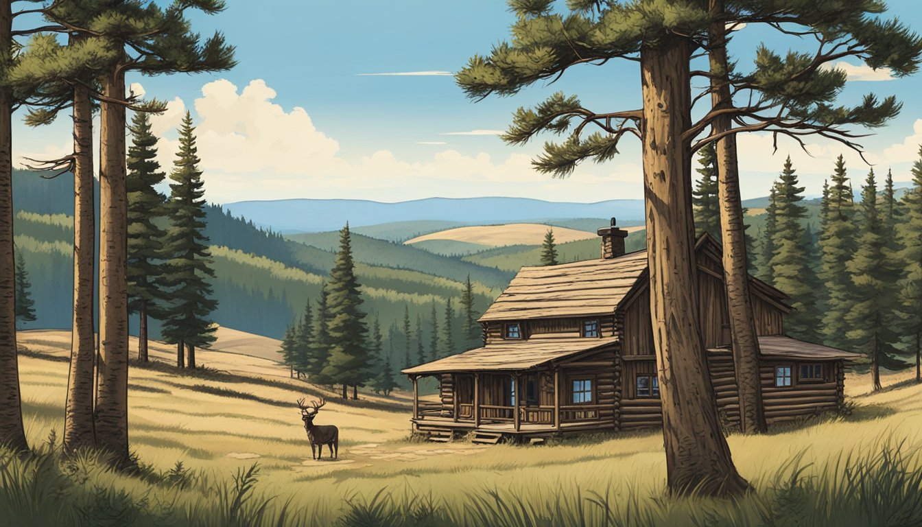 A serene landscape with rolling hills, pine trees, and a clear blue sky. A rustic hunting lodge sits nestled among the trees, with a sign reading "Deadwood Outfitters - Best Hunting Outfitters North Dakota"