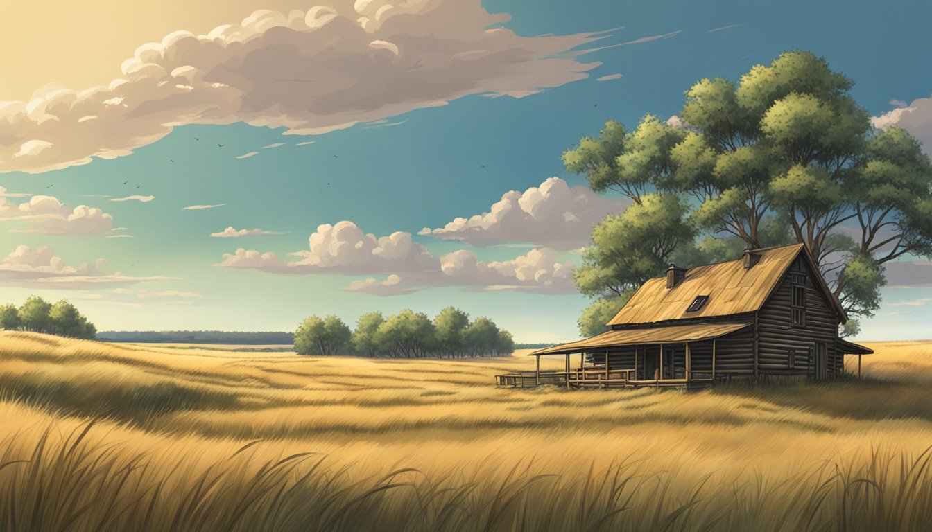 Rolling prairie landscape with a rustic hunting lodge, surrounded by tall grass and scattered trees under a vast North Dakota sky