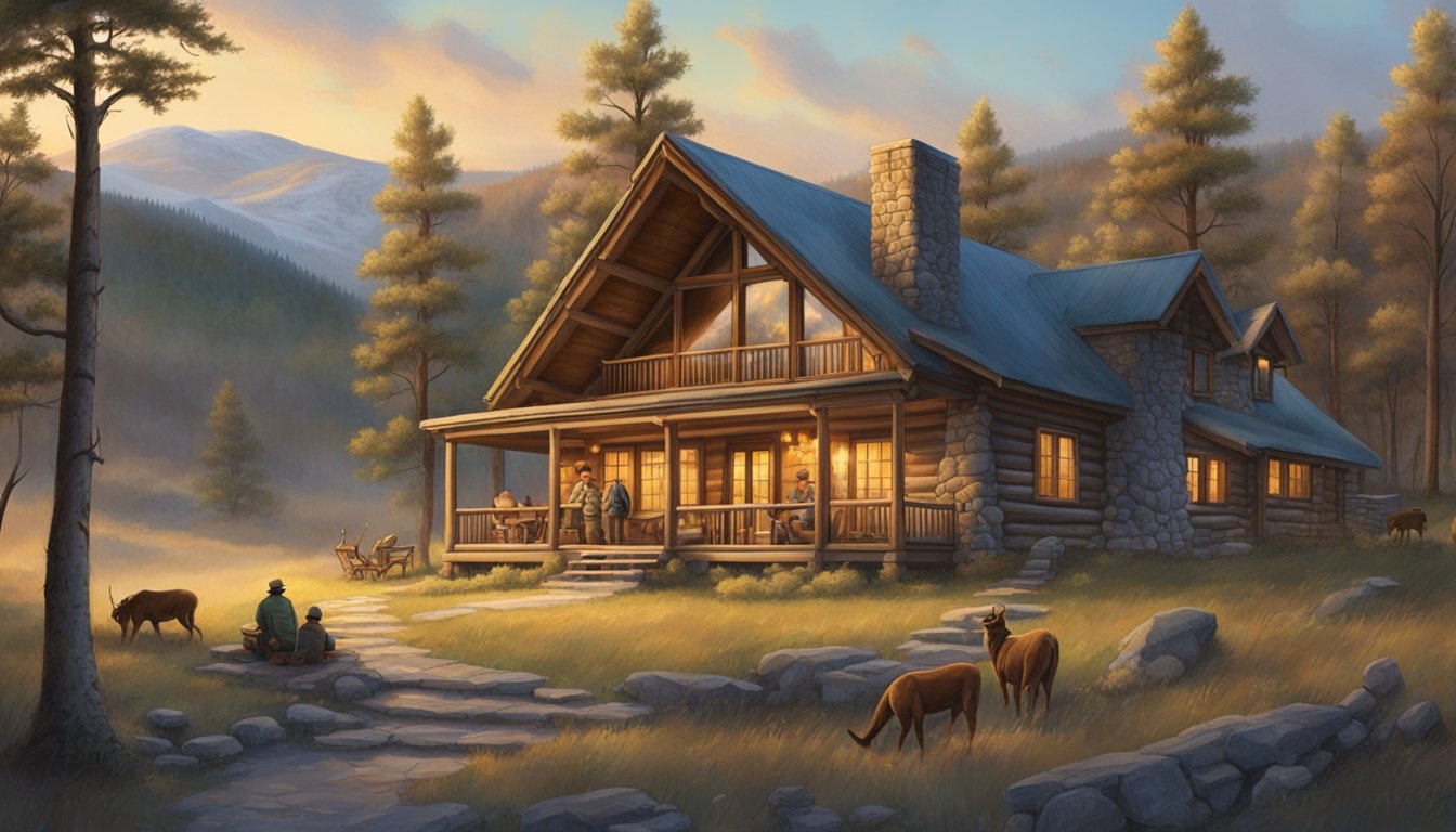 A cozy hunting lodge nestled in the South Dakota wilderness, surrounded by rolling hills and dense forests. A warm fire burns in the stone fireplace, and a group of hunters gather outside, preparing for the day's excursion