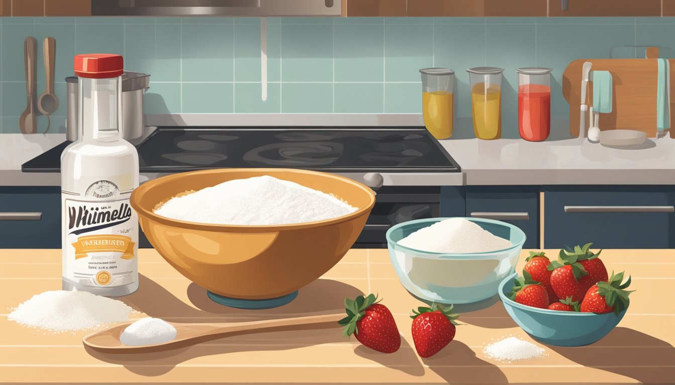 A mixing bowl filled with flour, eggs, and sugar sits on a kitchen counter next to a whisk and measuring cups. A fragrant vanilla extract bottle and a pile of fresh strawberries complete the scene