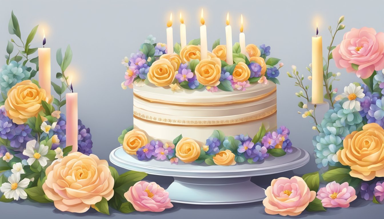 A beautifully decorated cake on a stand, surrounded by flowers and candles