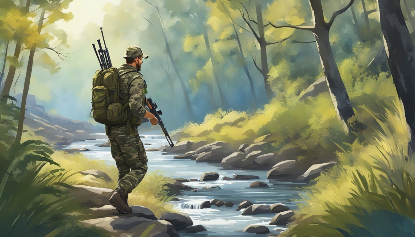 A hunter in camouflage gear with a rifle, walking through a dense forest with a flowing creek and a clear blue sky above