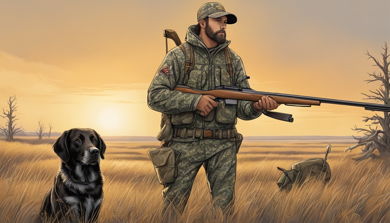 A hunter in camouflage gear stands in a vast North Dakota prairie, rifle in hand, with a hunting dog at his side, ready to track game