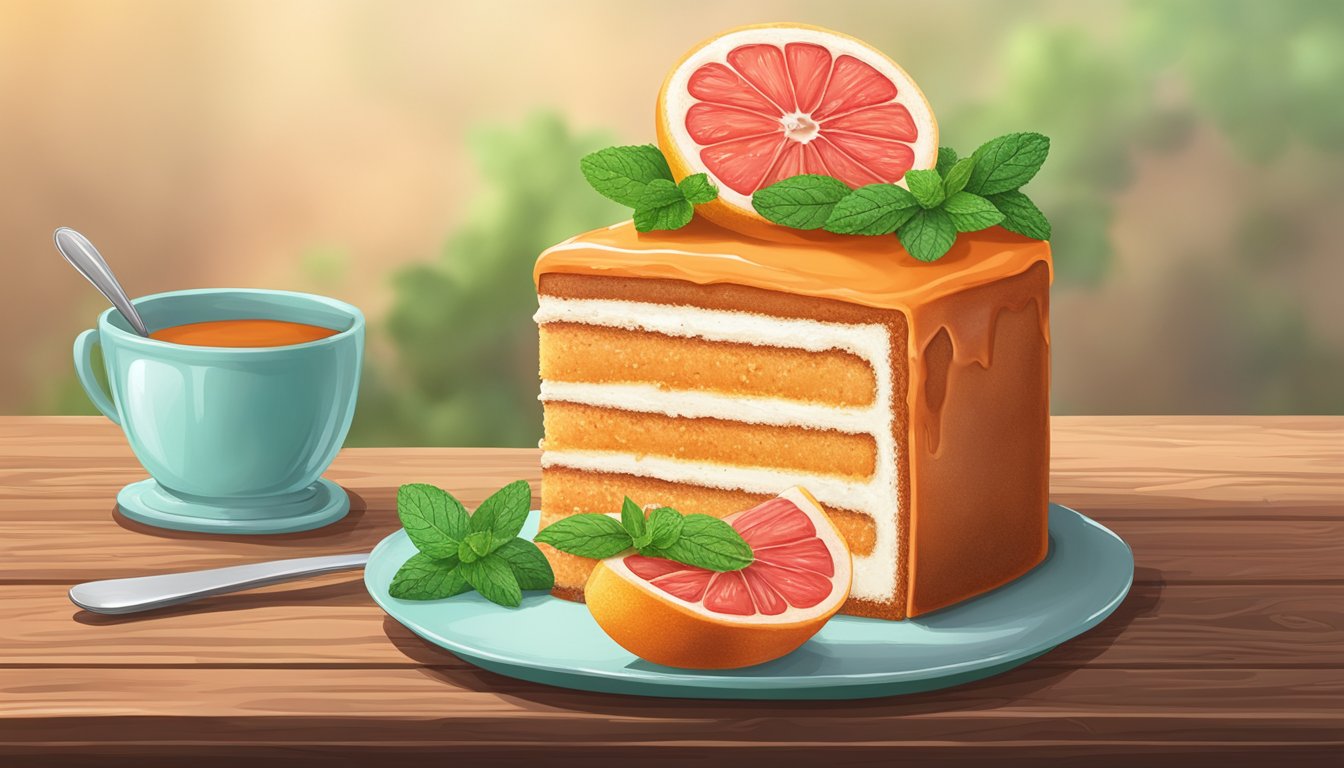 A vibrant Texas red grapefruit cake adorned with fresh mint leaves on a rustic wooden table