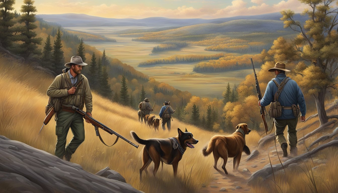 A group of hunters trek through the rugged South Dakota landscape, surrounded by rolling hills, dense forests, and open fields, with shotguns and hunting dogs at the ready