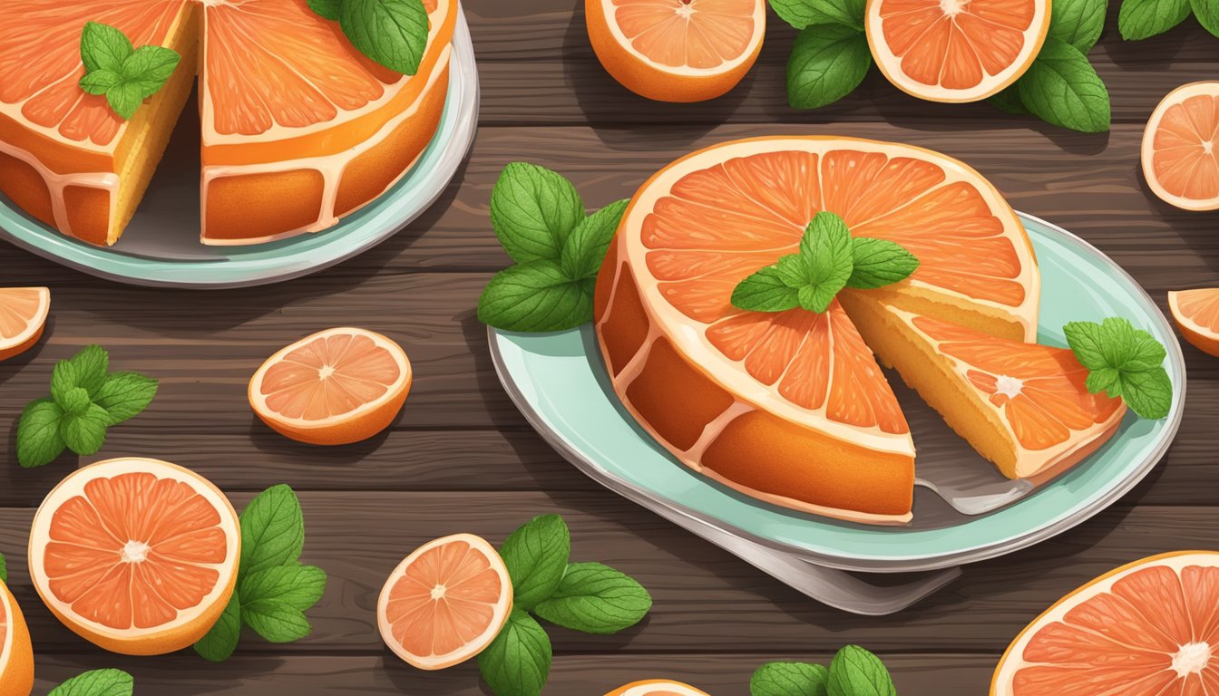 A vibrant Texas red grapefruit cake adorned with fresh mint leaves on a rustic wooden table