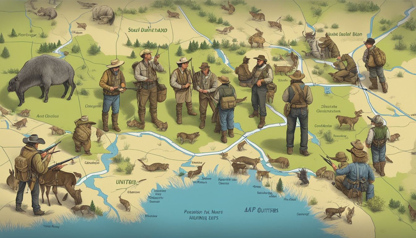 A group of hunters gather around a map of South Dakota, pointing to various locations and discussing the best hunting outfitters in the area