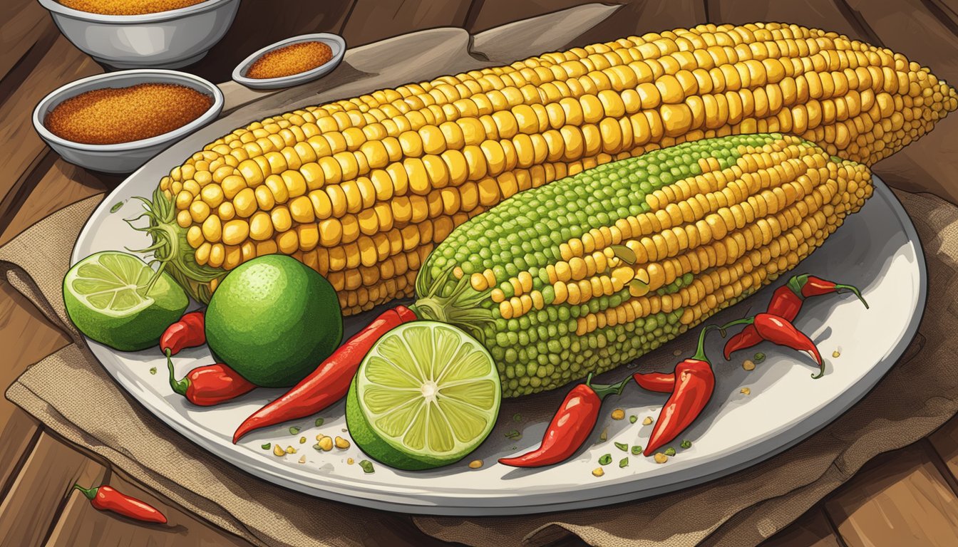 A cob of corn slathered in chili lime seasoning, surrounded by Texas-style cool cuisine