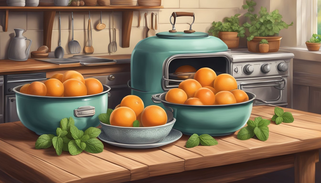 A rustic kitchen with a vintage oven, a mixing bowl, and fresh Texas red grapefruits and mint on a wooden table