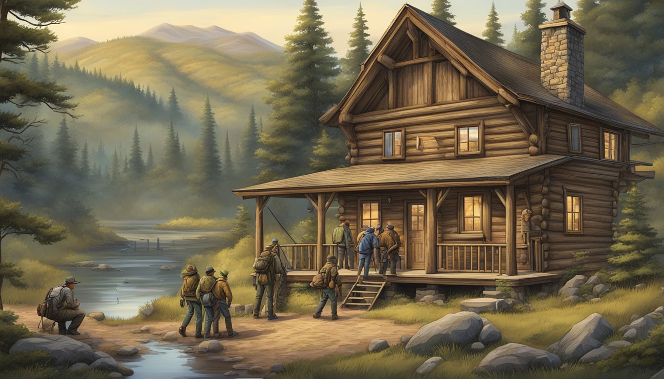 A group of hunters gather around a rustic wooden lodge, surrounded by rolling hills and dense forests. A sign nearby displays hunting regulations and licensing information