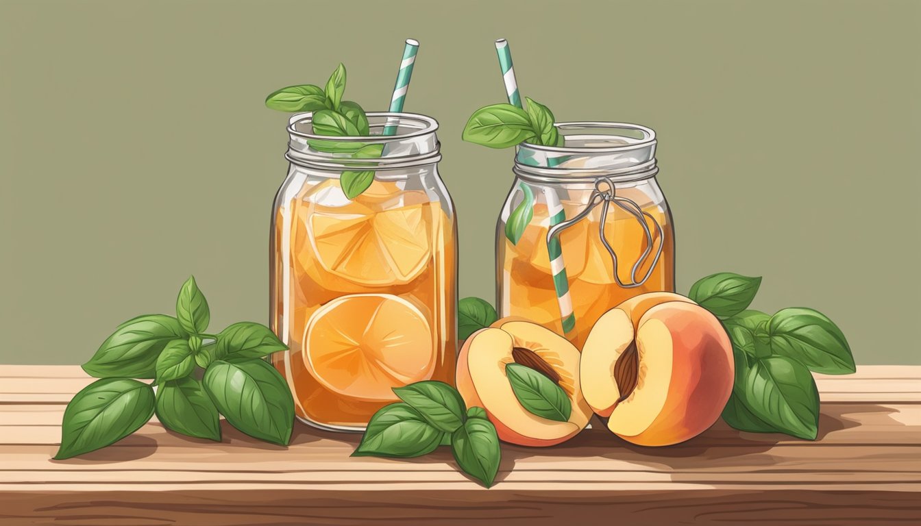 A mason jar filled with peach and basil iced tea sits on a rustic wooden table, surrounded by fresh peaches and basil leaves