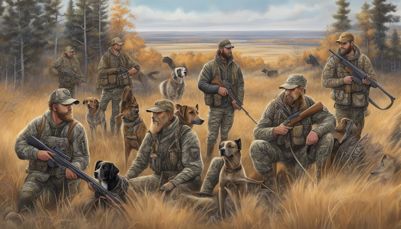 A group of hunters in camouflage gear with rifles and hunting dogs, surrounded by the North Dakota wilderness during hunting season