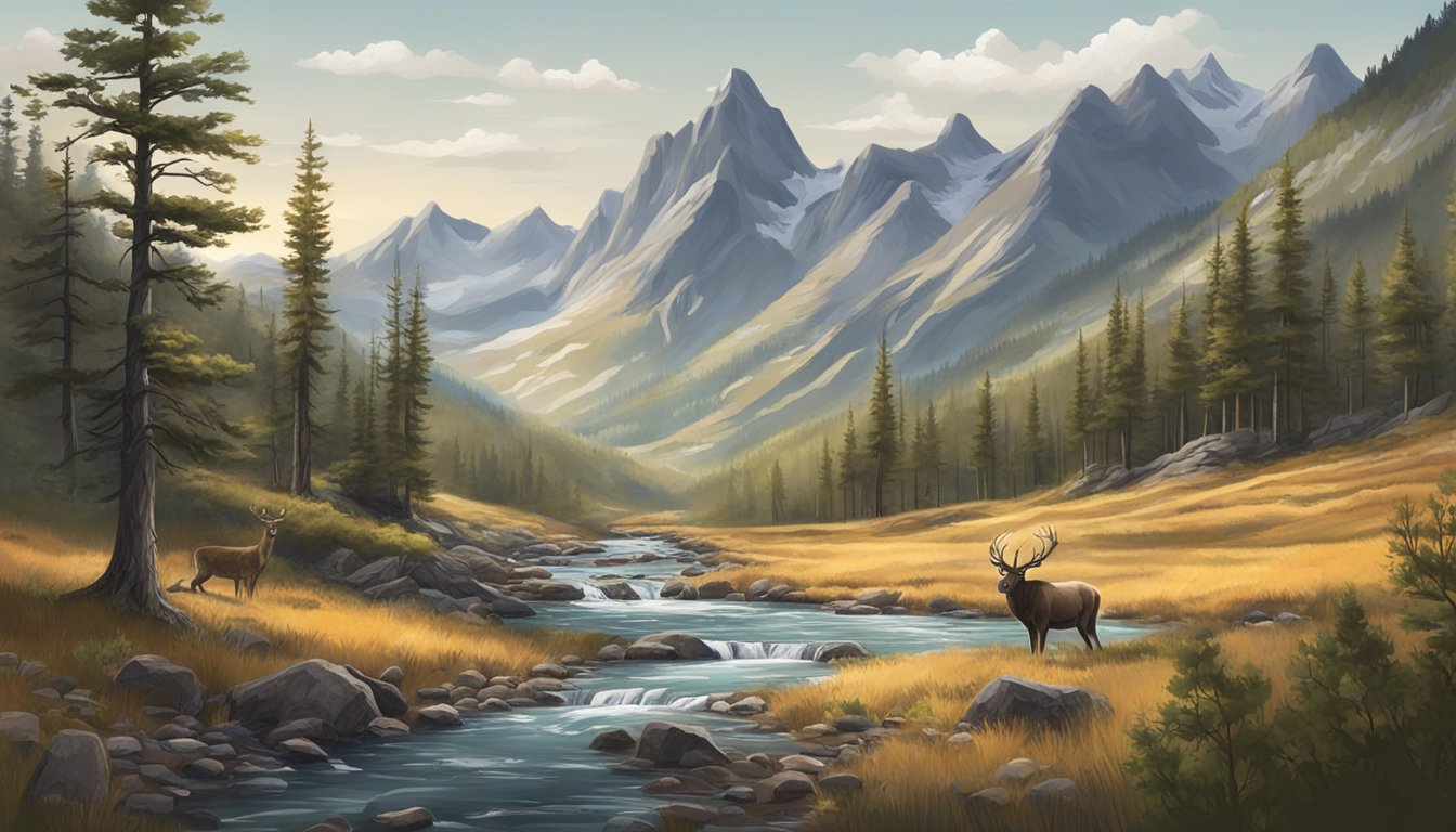 A rugged landscape of mountains and forests with a clear stream running through, surrounded by wild game and hunting gear