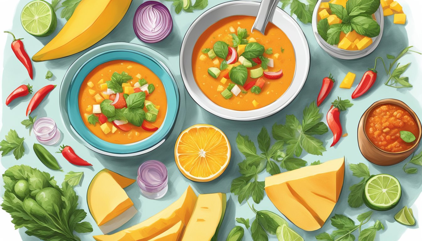 A vibrant Texas-style spicy mango gazpacho surrounded by fresh summer ingredients and a refreshing glass of cool cuisine