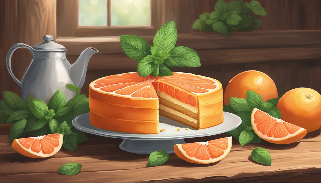 A Texas red grapefruit cake sits on a rustic wooden table, adorned with fresh mint leaves and slices of grapefruit. A soft, natural light illuminates the scene