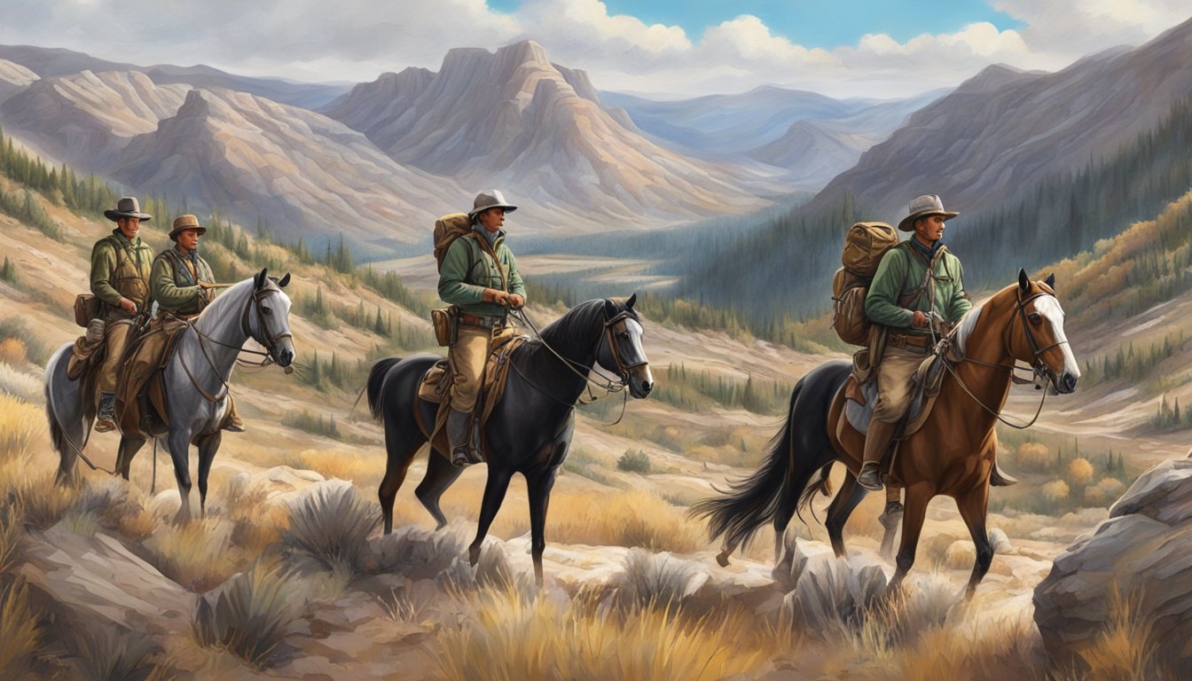 A group of hunters on horseback traversing rugged Utah mountain terrain with hunting gear and rifles