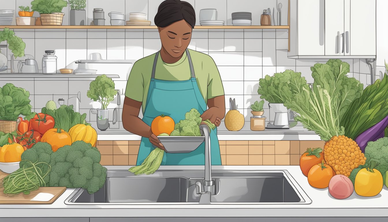 A kitchen counter with fresh fruits and vegetables being washed and prepared, while a person reads a book about endocrine disruptors