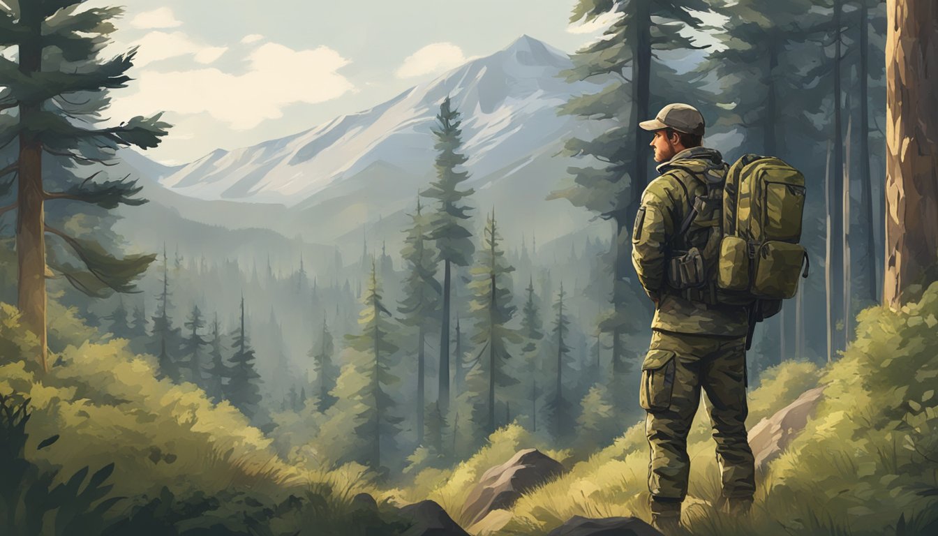 A hunter in camouflage gear stands in a forest clearing, surrounded by tall trees and rugged terrain. A rifle is slung over their shoulder as they survey the landscape