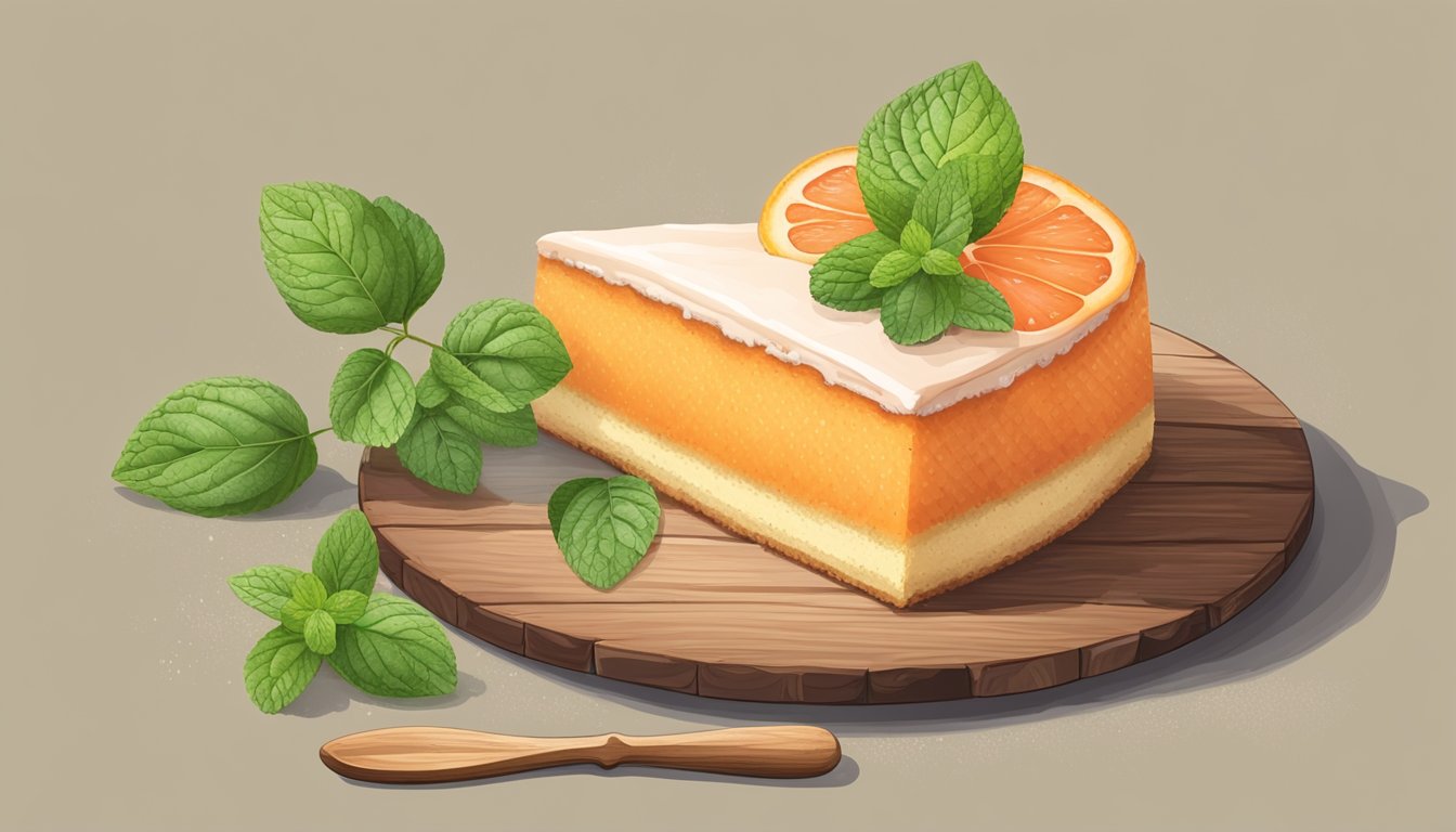 A slice of grapefruit cake with a sprig of mint on a rustic wooden plate