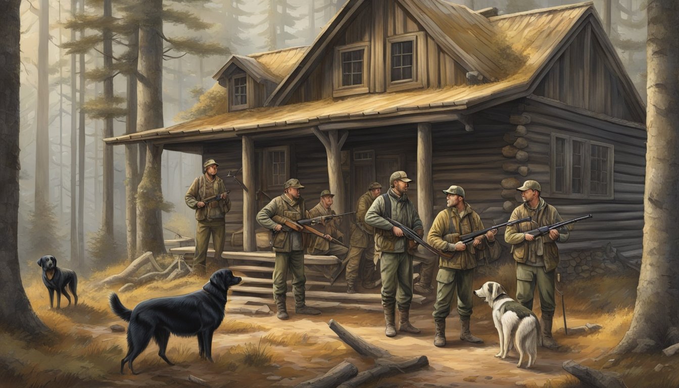 A group of hunters in camouflage gear gather around a rustic cabin at the edge of a forest, with hunting dogs at their feet and rifles slung over their shoulders