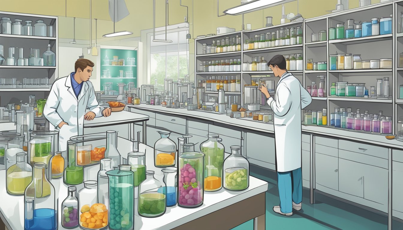 A laboratory setting with test tubes and beakers containing various food and drink items, while scientists in lab coats analyze and discuss the impact of endocrine disruptors in the diet