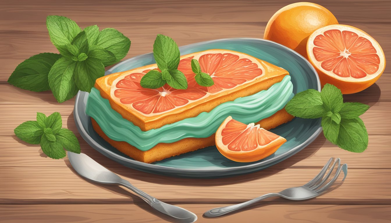 A vibrant Texas red grapefruit cake with a sprig of fresh mint on a rustic wooden table