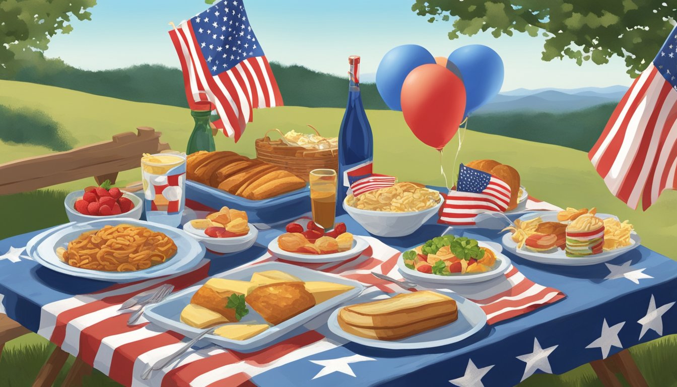 A festive outdoor picnic with a spread of Texas-inspired dishes, surrounded by American flags and patriotic decor, set against a backdrop of rolling hills and a clear blue sky