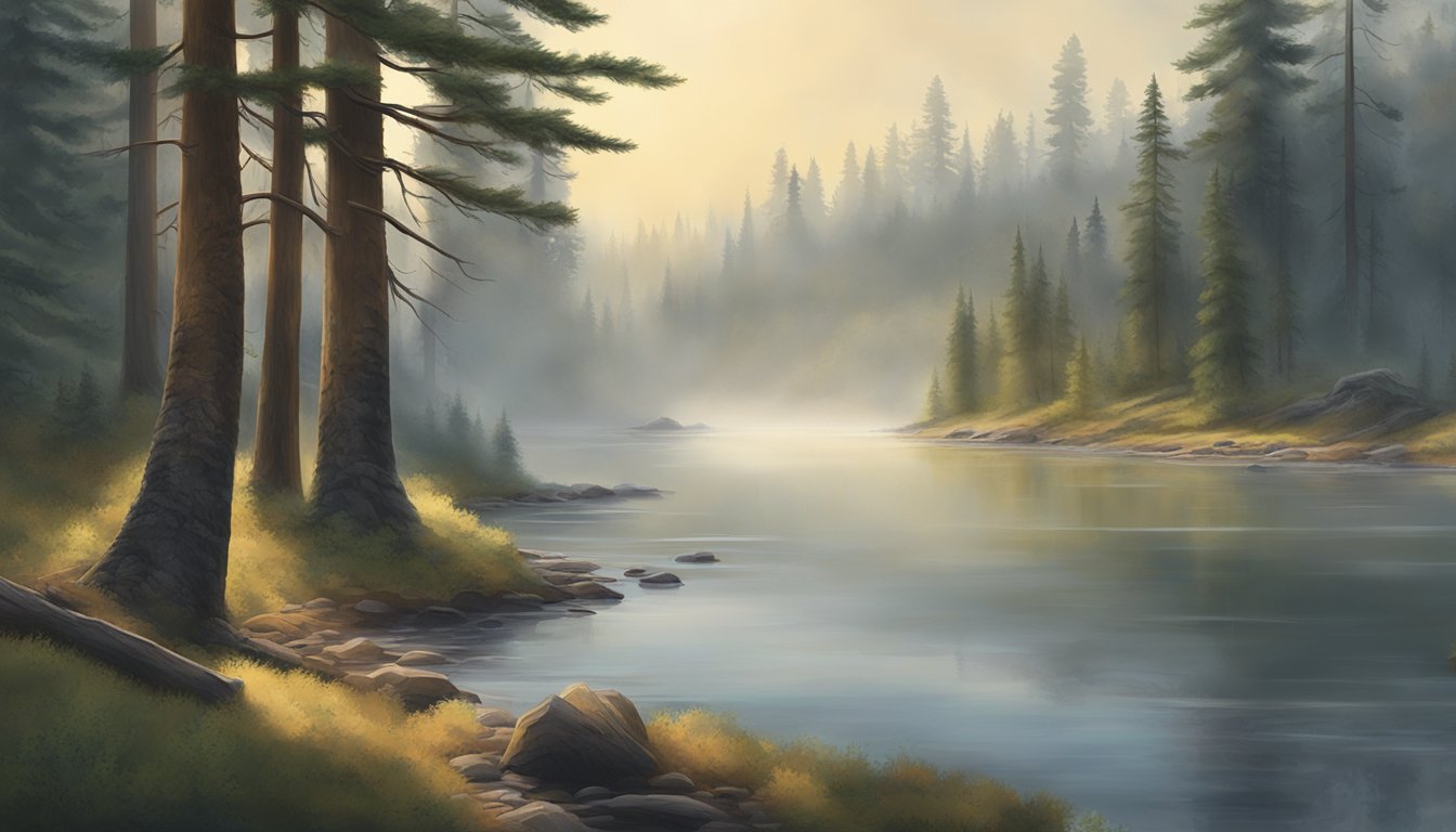 A misty morning in the Oregon wilderness, with tall pine trees and a serene river, the perfect setting for Heppner Outfitters' hunting adventures